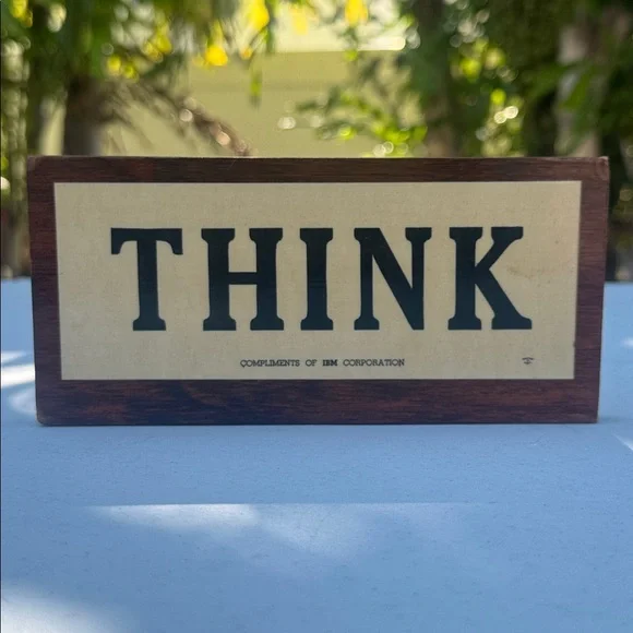 Vtg 1960's Wood Wooden Double Sided Think Desk Plaque Slogan Compliments of IBM - Picture 1 of 3